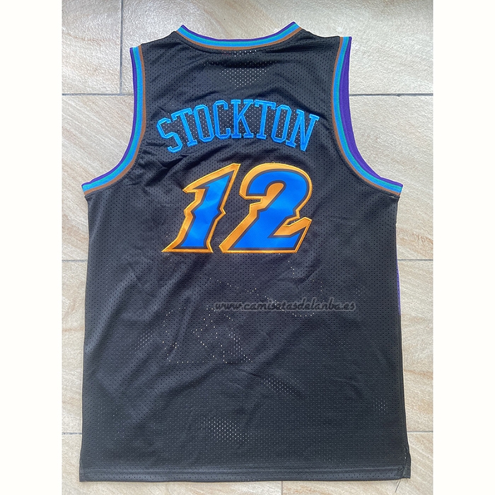 Camiseta Utah Jazz John Stockton NO 12 Mitchell & Ness 1996-97 Negro